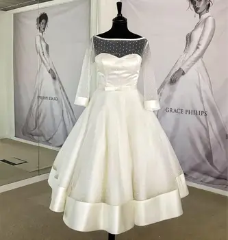 

Short Wedding Dresses Ball Gowns 2021 For Bride Knee Length 3/4 Sleeve white Satin Point Net Custom Made Bridal Gown Graceful