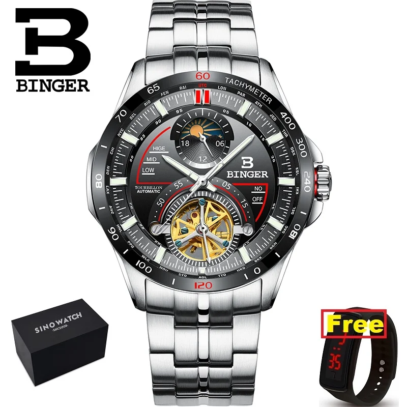 Швейцарские мужские часы BINGER, люксовый бренд, мужские часы, турбийон, автоматические механические часы, сапфир, reloj hombre, B-MS10001G, новинка - Цвет: BLACK-OPP BAG