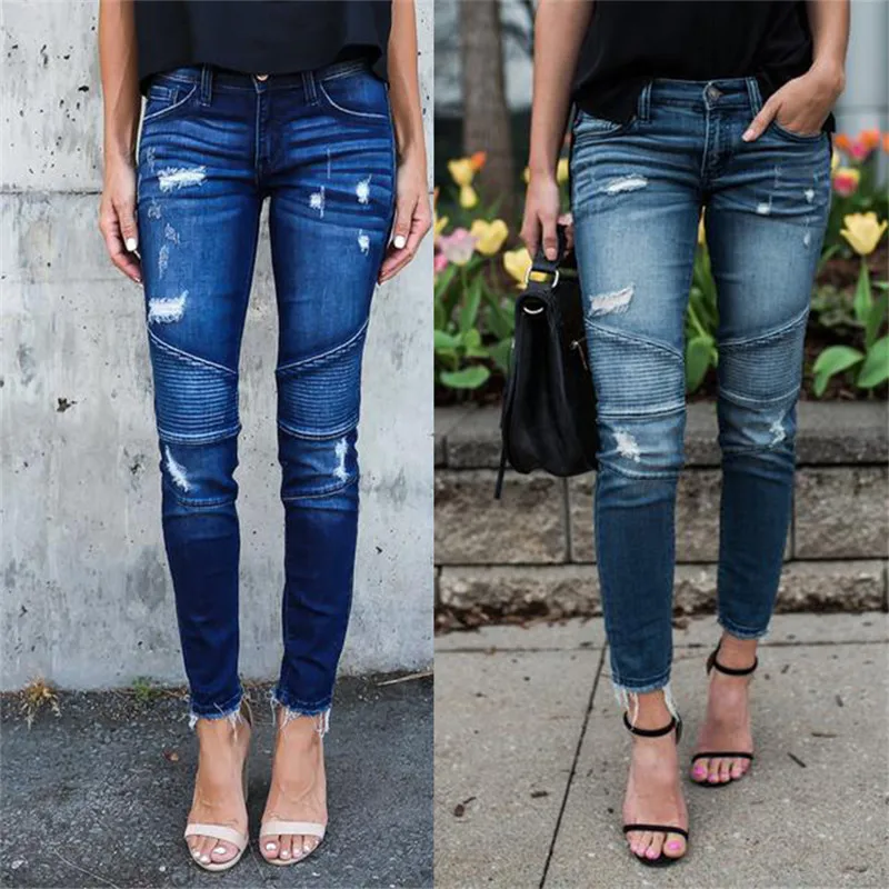 Новые женские мотоциклетные байкерские джинсы на молнии рваные штаны-карандаш стрейч из денима женские облегающие брюки джинсы