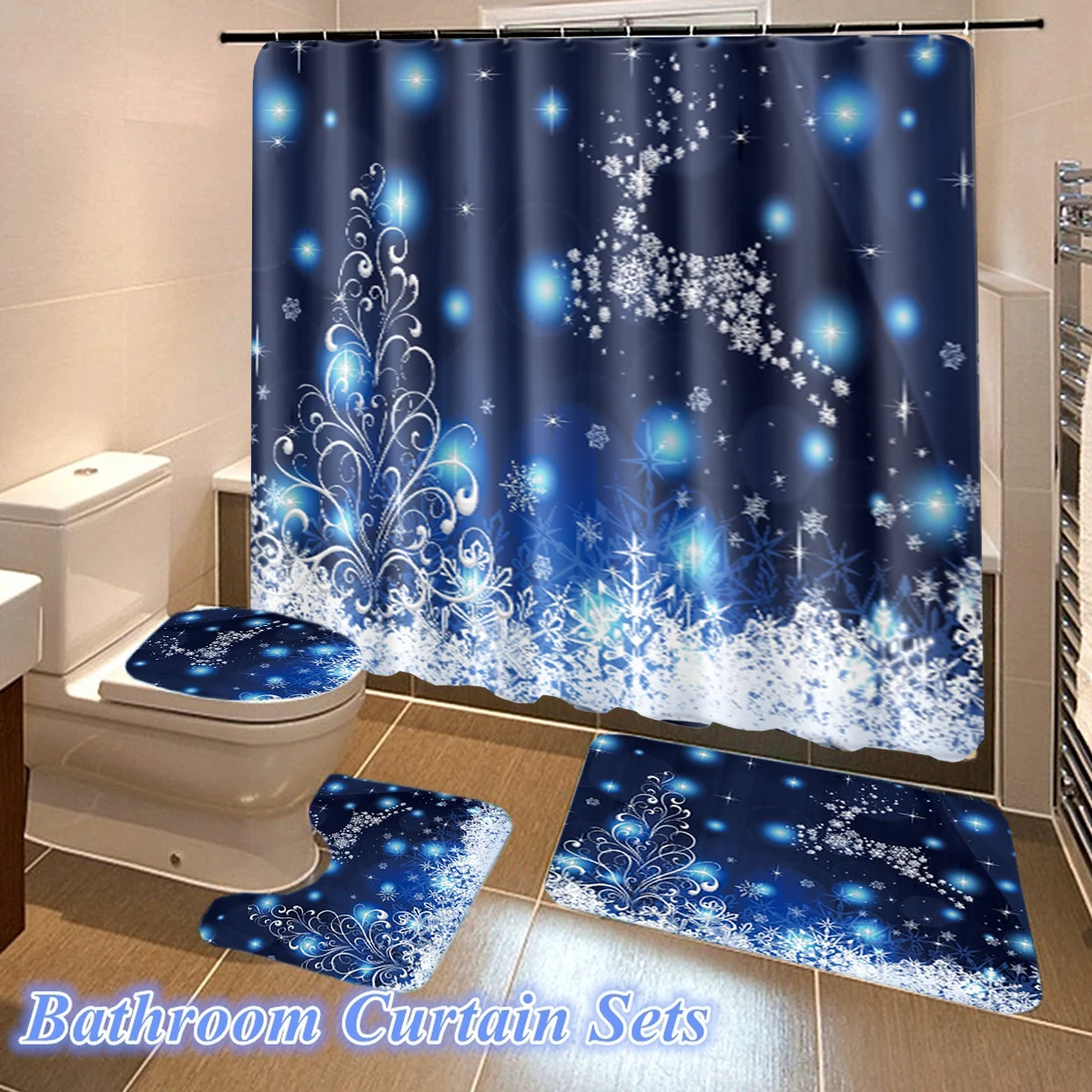 1/3/4pcs New Year Shower Curtains Blue Christmas Ball Snowflake Tree Waterproof Polyester Fabric Shower Curtain Set Doormat