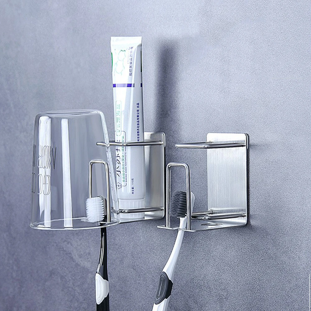 

Household Stainless Steel Wall Mount Self-adhesive Toothbrush Holder Cup Rack Toothbrush Organizer Hanging Set Storage