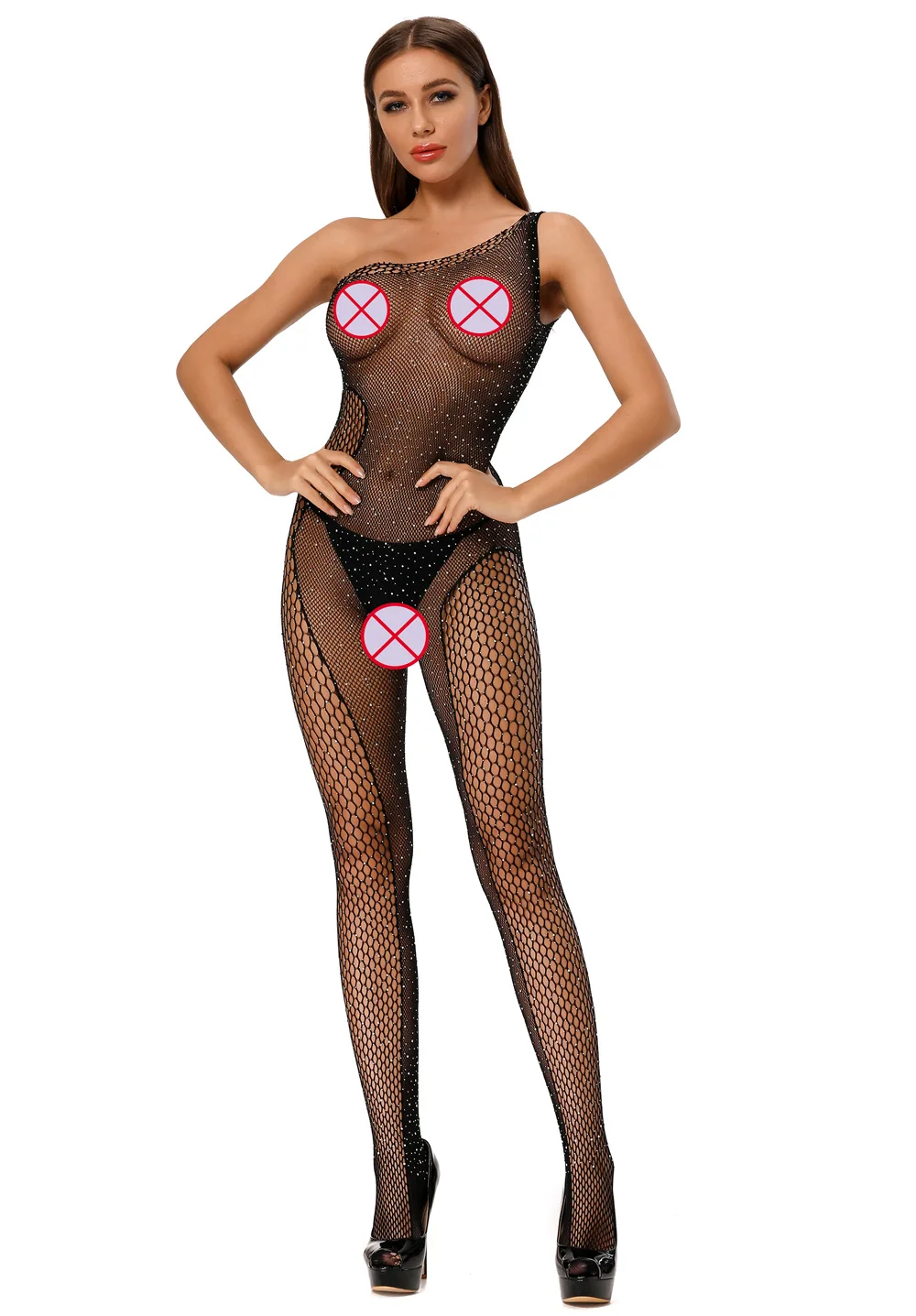 

DSMTRC 2021 NewWoman's Sexy Rhinestones Shining Fishnet Mesh Sheer Rompers One Shoulder Sleeveless Jumpsuits Nightwear