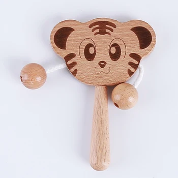 

Play Gym Montessori Stroller Toys Can Chew Wooden Rattle Baby Beech Bear Hand Cartoon Pattern Rattles