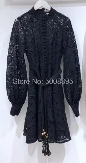 black short dress Женское кружевное вязаное платье миди с воротником-стойкой и длинными рукавами-буфами спереди и на пуговицах с поясом - Цвет: black short dress