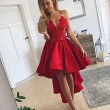 Красные платья для выпускного вечера Спагетти ремни кружева без рукавов Выпускные платья Ruched Высокая Низкая дешевая линия платье