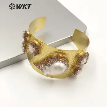 

WT-RB035 WKT Natural Pearl Bangle Water Drop With Rhinestone Pave Gold Electroplated Adjustable Women Fashion Bracelet Jewelry