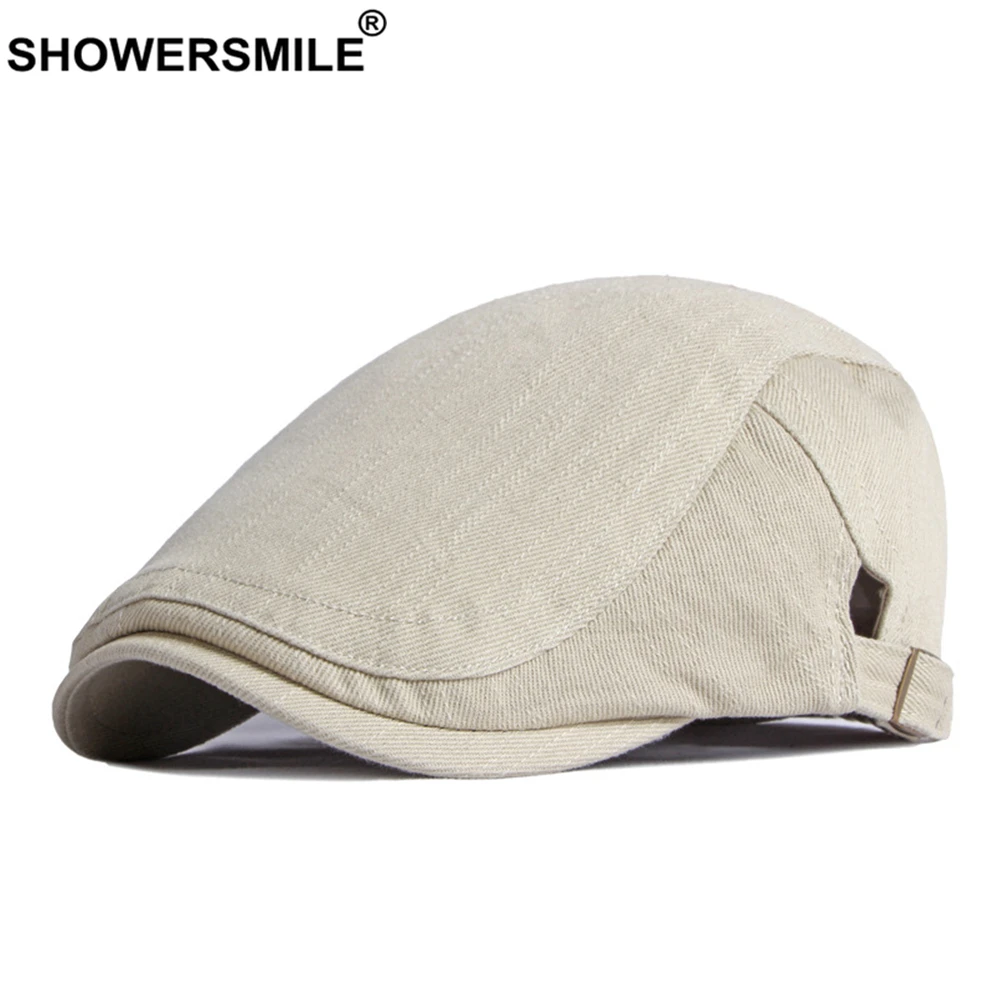 Großer Sale SHOWERSMILE Baumwolle Herren Baskenmütze Hut Britischen Stil Zeitungsjunge Solide Beige Schwarz Navy Khaki Frühling Sommer Flache Kappe Einstellbar_voghion.com
