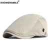 SHOWERSMILE Cotton Mens Beret Hat British Style Newsboy Solid Beige Black Navy Khaki Spring Summer Flat Cap Adjustable 55-60cm 1