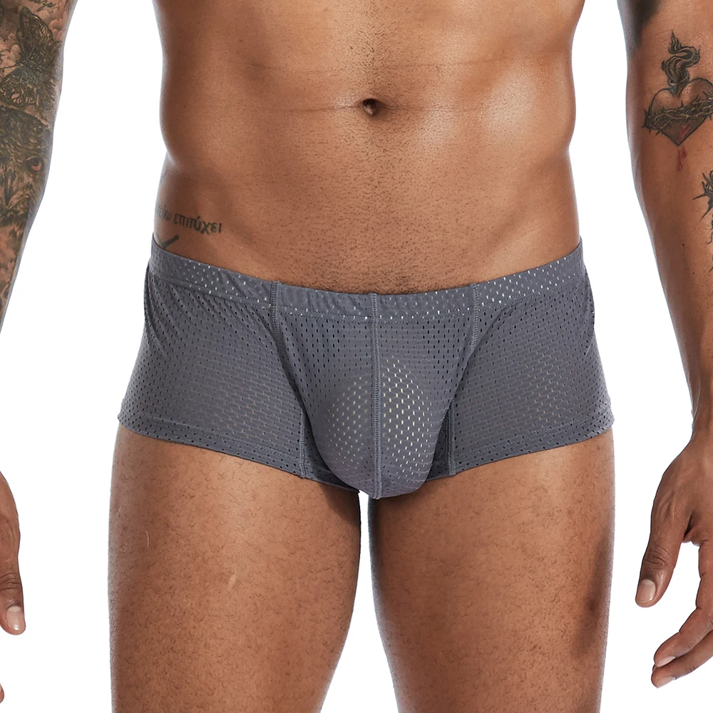 New Sexy Underwear Men Boxer Mesh U Pouch Sexy Underpants Cueca Mesh Pants Trunks Boxer shorts Gay Male Panties - Цвет: Gray