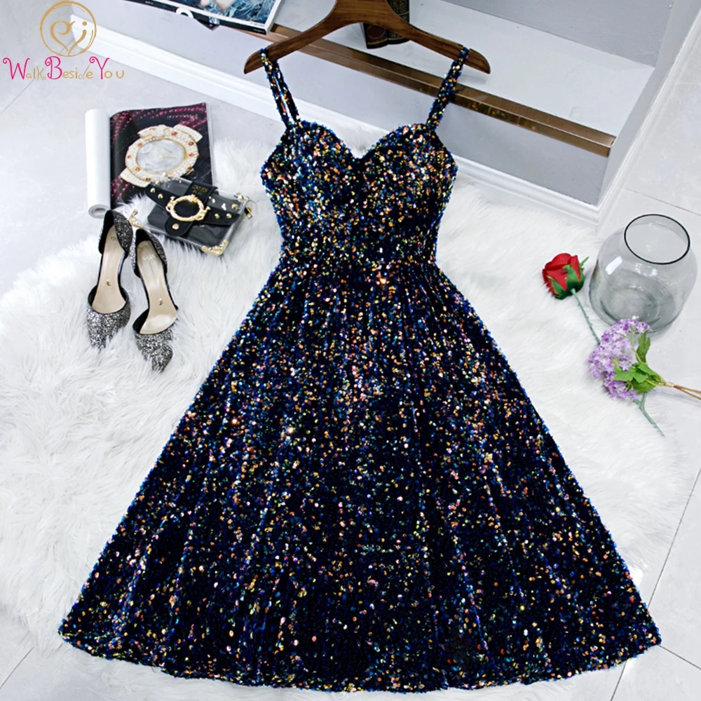 

Mini Short Cocktail Dresses 2019 Navy Blue Spaghetti Straps Formal Party Prom Gowns Sexy Sequined Sweetheart Neck vestidos de