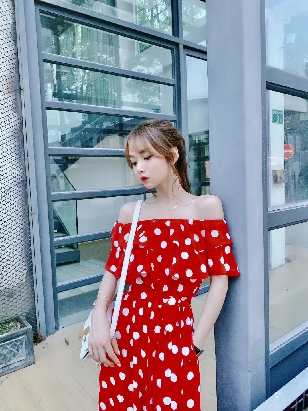 

Korean-style Romper Women's Vintage CHIC Horizontal Neck off-Shoulder Polka Dot Double Purpose Onesie