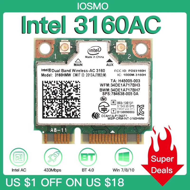 Dual Band 433Mbps 2.4G/5Ghz 802.11ac Wireless Mini PCI-e Wifi Card 3160HMW Bluetooth-compatible 4.0 For PC Laptop Windows 7/8/10 |