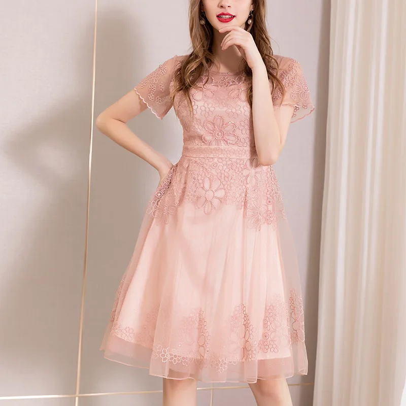 

Women's Clothing Dresses Christmas sexy pullover femme jurken work pink lace floral dress plus size long 2019 autumn winter