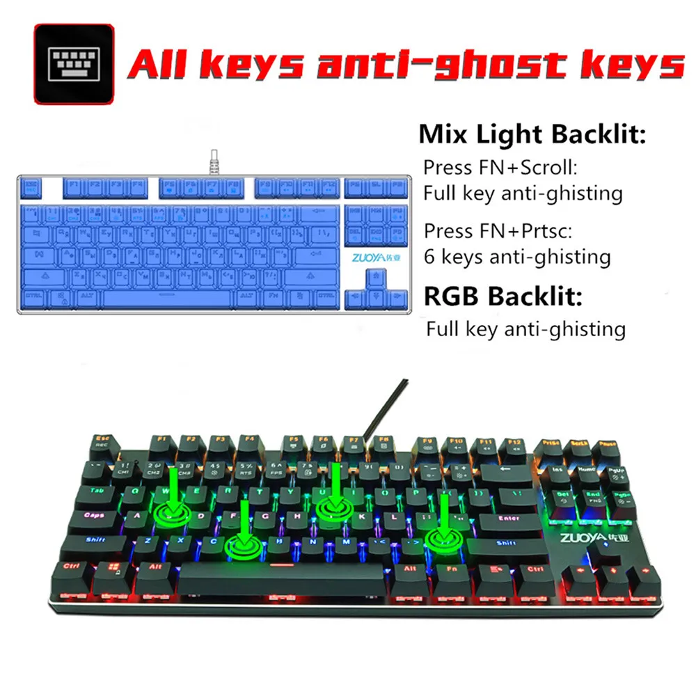 Игровая механическая клавиатура синий красный переключатель 87key RU/US Проводная клавиатура анти-ореолы RGB/смешанный светодиодный USB с подсветкой для геймерского ПК ноутбука