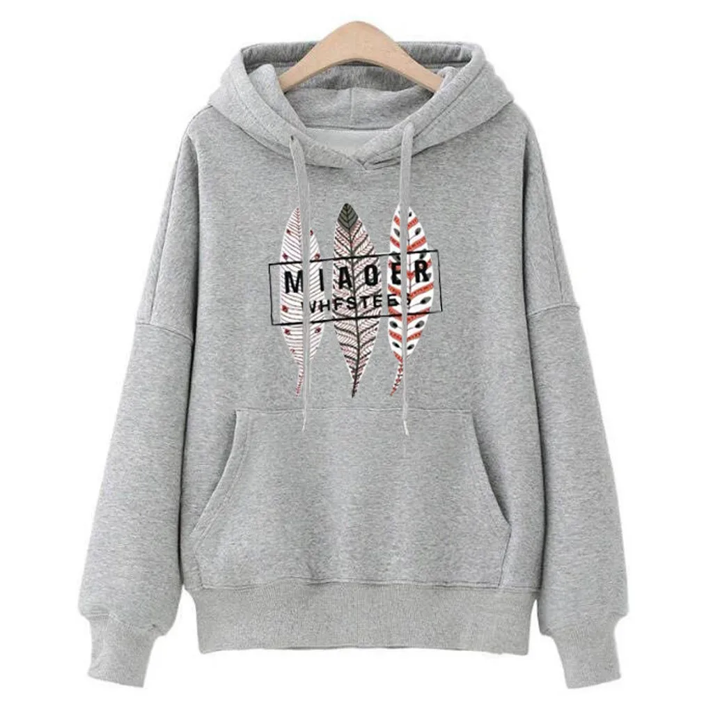 New Casual Woman Sweatshirts Solid Color Feather Print Woman Pullover Hoodies Long Sleeve Hoodie Pockets Drawstring Tops@50