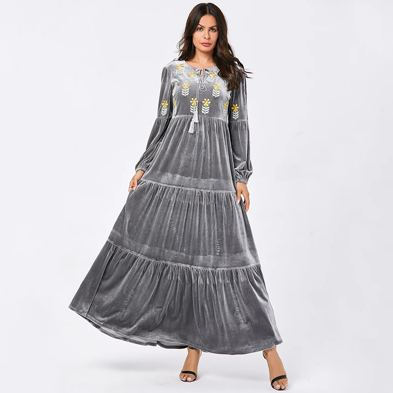 Siskakia вельветовое длинное платье, повседневное, этническое, Цветочная вышивка, макси платья с длинным рукавом, зима, Свинг, аравийская одежда, 26 цветов - Цвет: 9108