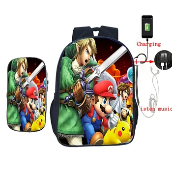 

Super Mario Smash Bros USB Charge Backpack for Girls Boys Kids Waterproof School Bags Pencil Case Teens Travel Bag