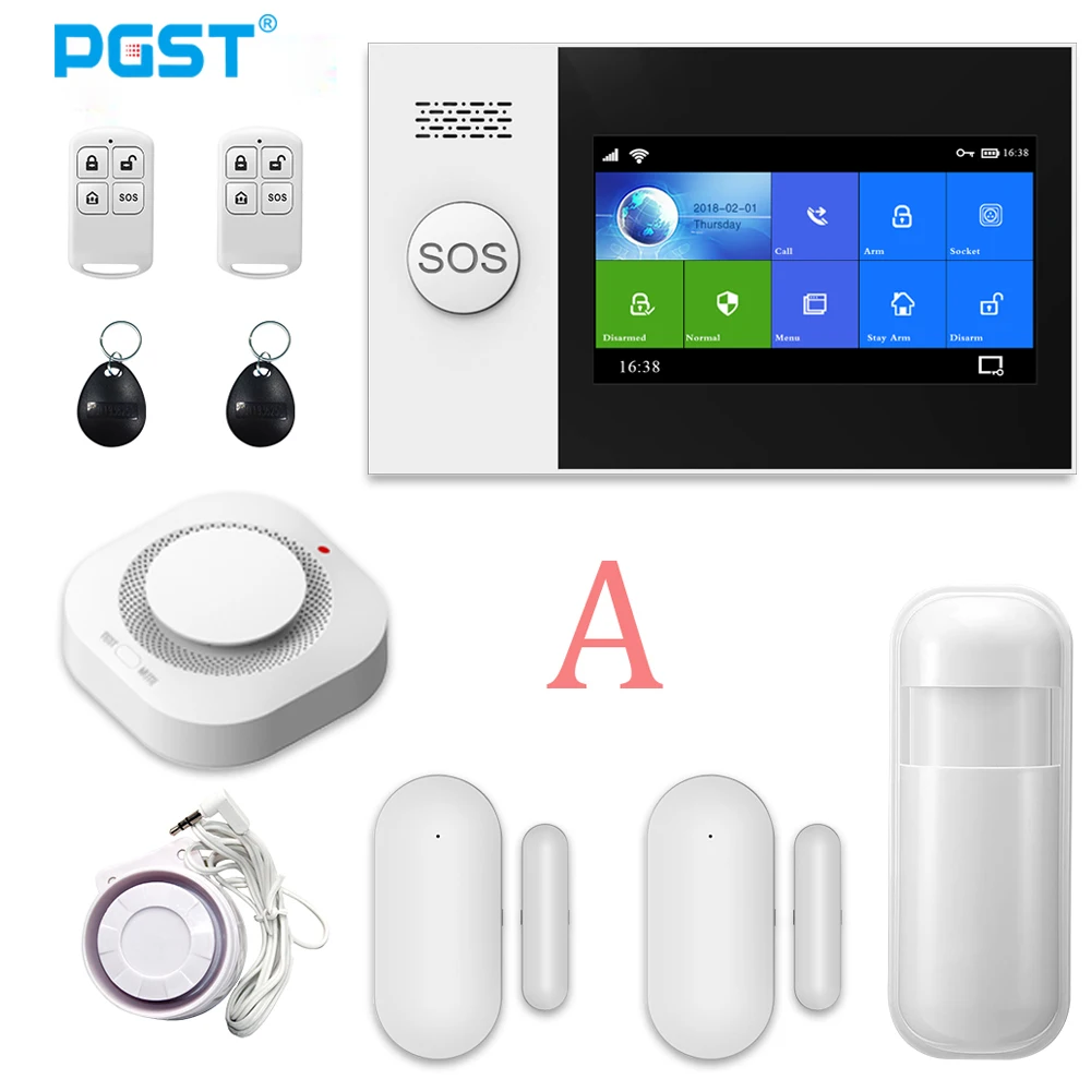 PGST PG107 Tuya Alarm System 4.3 inch Screen WIFI GSM GPRS Burglar Home Security With PIR Motion Sensor Fire Smoke Detector anti theft lock Alarms & Sensors