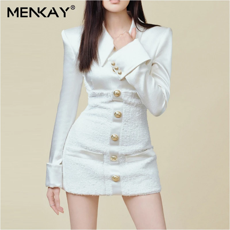 

[MENKAY] Patchwork Long Sleeve Turn Down Neck White Sexy Bodycon Mini Dress Women 2019 Ladies Autumn Fashion Clothing New