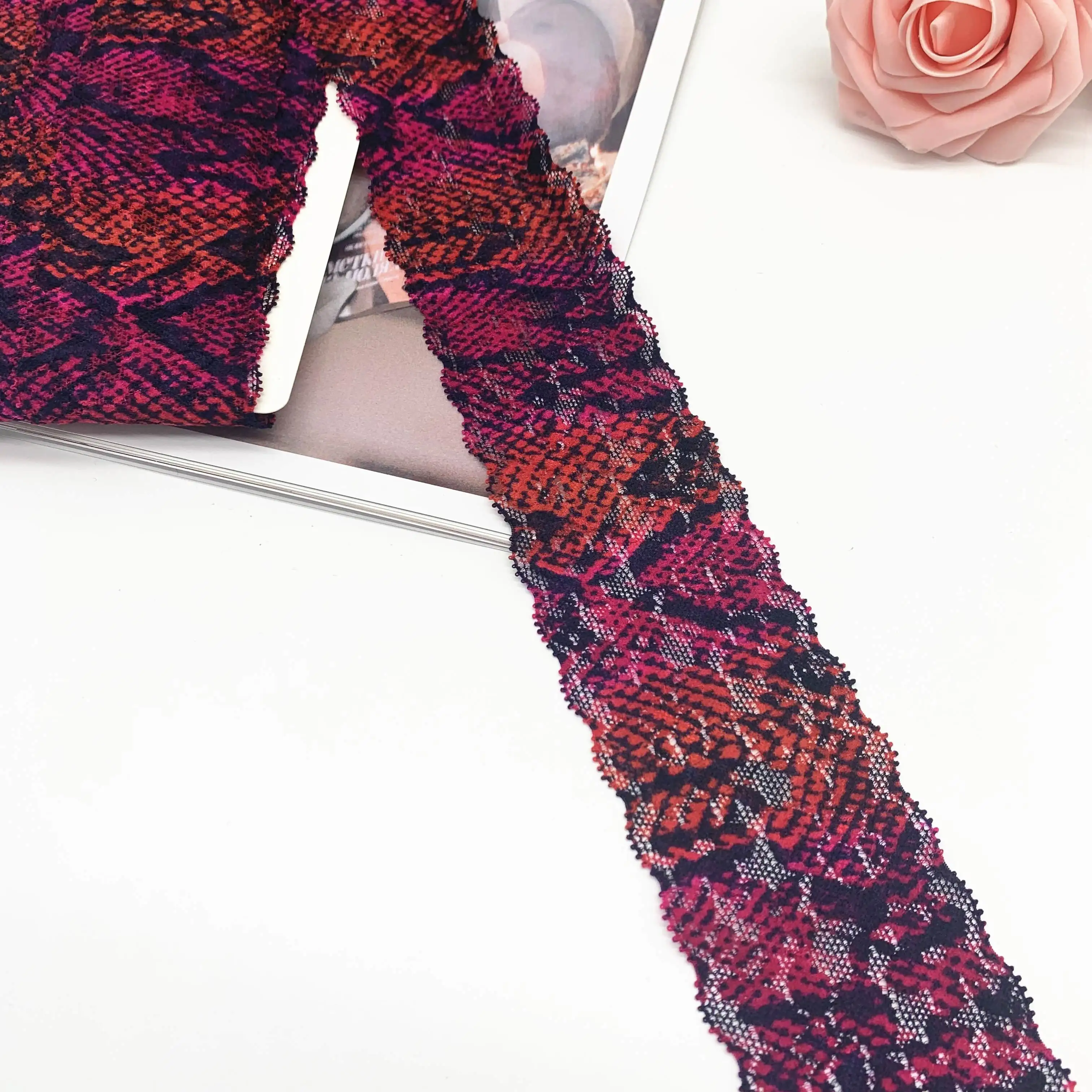 Width 2 1/8 inch 5.50cm Narrow Printed Fuchsia Stretch Lace Trim 1