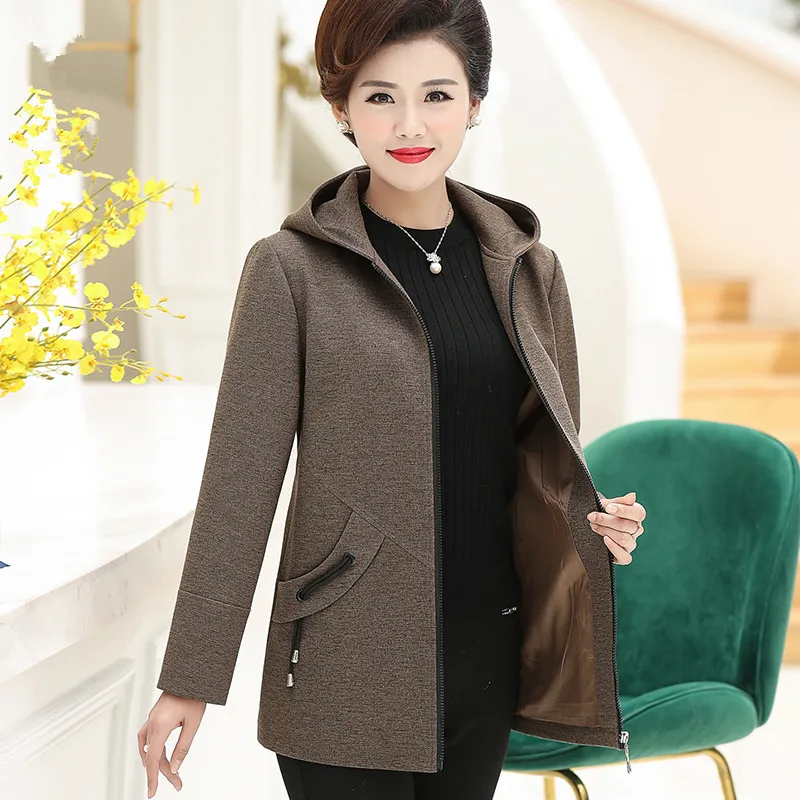 UHYTGF 4XL Plus size jacket women Fashion hooded spring autumn wool coat temperament mom elegant woman coats casaco feminino 797