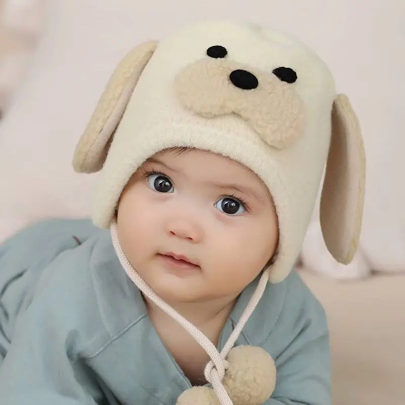 

Hot Sale Patch Cartoon Earmuffs Puppy Shape Baby Hat Lined with Cotton Plush Pullover Cap