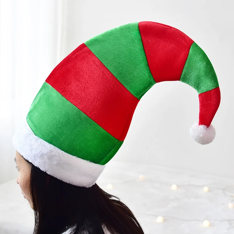 

Christmas Elf Hat adults Red Green Striped Design One Size Fits Most Non-woven Elf Hat With White Pom Poms00.