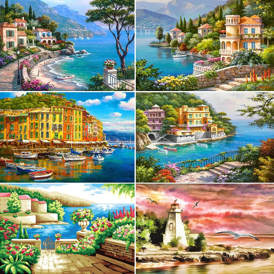 5D DIY Full Square Round Resin Diamond Painting &quotMediterranean Sea Scenery&quot Cross Stitch Embroidery Mosaic Home Decoration | Дом и сад