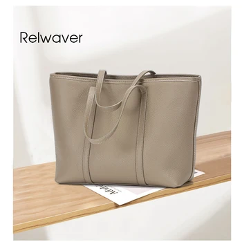 

Relwaver women genuine leather handbag solid cow leather business women bag big A4 laptop roomy tote bag grey women handbag