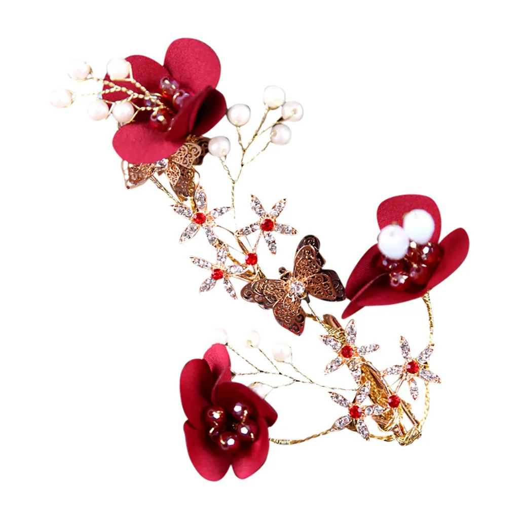 Резинки Для Волос Для женщин Мода со стразами и узором «Красный цветок» кромкой зажим свадебные аксессуары Для Волос резинка Для Волос аксессуары Для Волос Заколки Для Волос