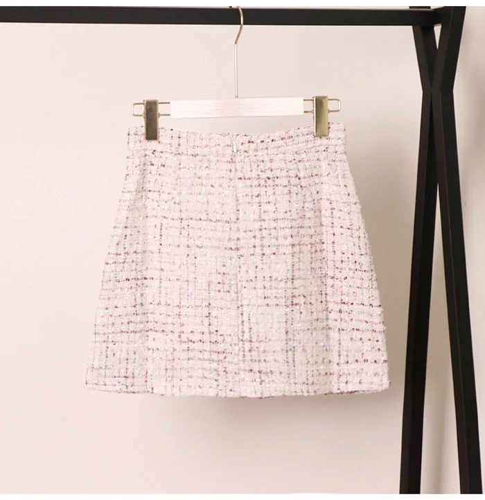 Women Tweed Skirt Korean Autumn/winter High Waist Slimming A Fashion Double-breasted Mini Skirt mujer