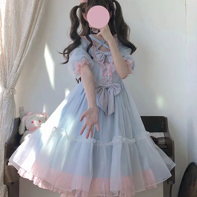 Vintage Lolita Dress Miss Lolita Princess Dress Pure Color Short Sleeve OP Autumn Girls Women Kawaii Tea Party Dresses