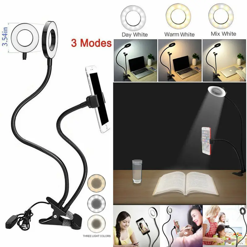 

Selfie Flash Ring Light + Mobile Phone Holder 24 LED Camera 2 in 1 360 Degree Long Arm USB Clip On for Live Stream