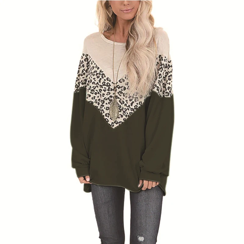 T-Shirt Top Female Spring Summer New Women's Long Sleeve Splicing Print Leopard O-neck Casual Loose Women Basic T-shirt