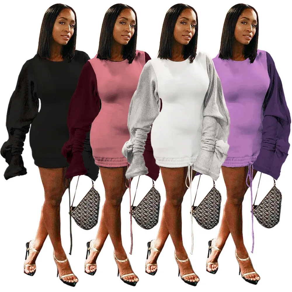 

New Ruffle Puff Sleeve Casual Hoodie Dress Women Drawstring Split Long Sleeve Sweatshirt Dress Autumn Winter Fleece Warm Dress