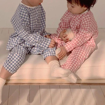 

2020 New Baby Girls Boys Lattice Pajamas Set Korean Style Toddler Baby Cotton Sleepwear Set Boys Girls Clothing Suit