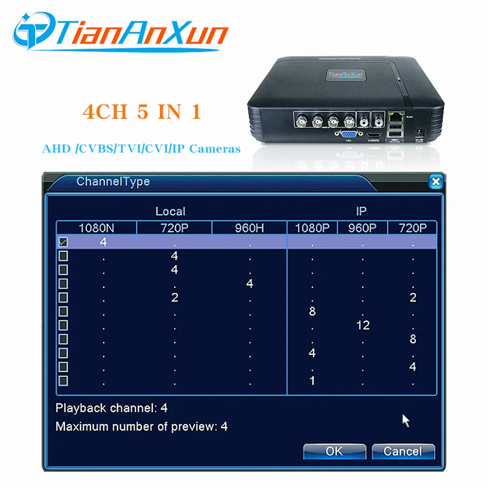 Tiananxun H.264 ahd DVR 8ch видео регистратор системы наблюдения 4Ch CCTV системы безопасности 1080N Гибридный мини dvr для аналоговой камеры Ip