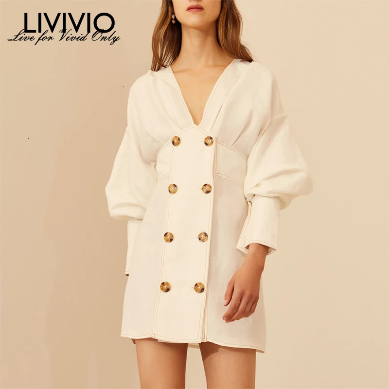 

[LIVIVIO] White Dress For Women V Neck Puff Long Sleeve Double Breasted Mini Dresses Female 2019 Autumn Korean Fashion Clothing