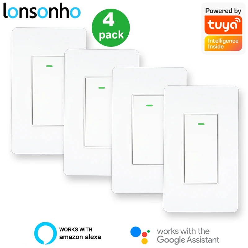 

Lonsonho WiFi Smart Light Switch US 110V 16A 1760W Neutral Wire Required Button Switches FCC Listed Alexa Google Home 4 Pack