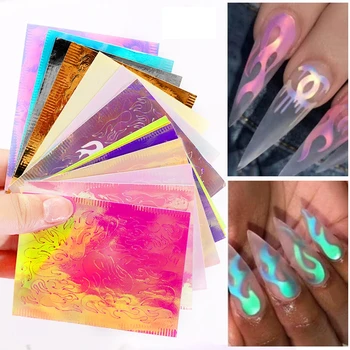 

16pcs 3D Holographic Fire Flame Nail Vinyls Stickers Glitter Laser Flames Nail Art Foil Transfer Sticker Decal Decorations Set