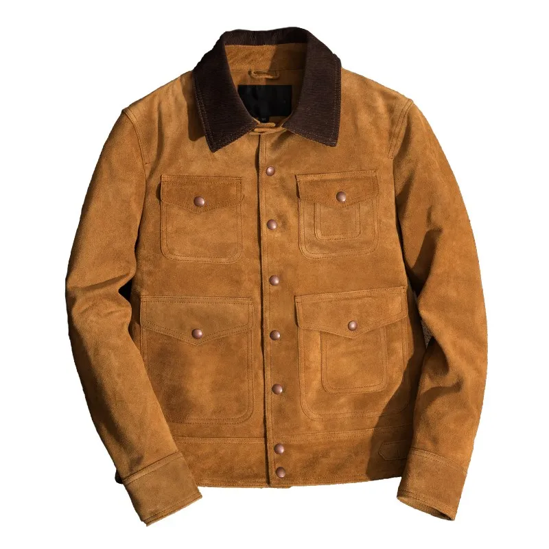 Light Brown Светильник Коричневый Мужской умный Повседневный Кожаный Пиджак однобортный размера плюс XXXXL Натуральная Воловья кожа осеннее приталенное кожаное пальто - Цвет: Light Brown