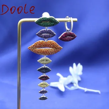 

S925 Sterling Silver Fashion Jewelry Contrasting Lip Asymmetrical Earrings Female Long Color Lips Earrings Women's Jewelry