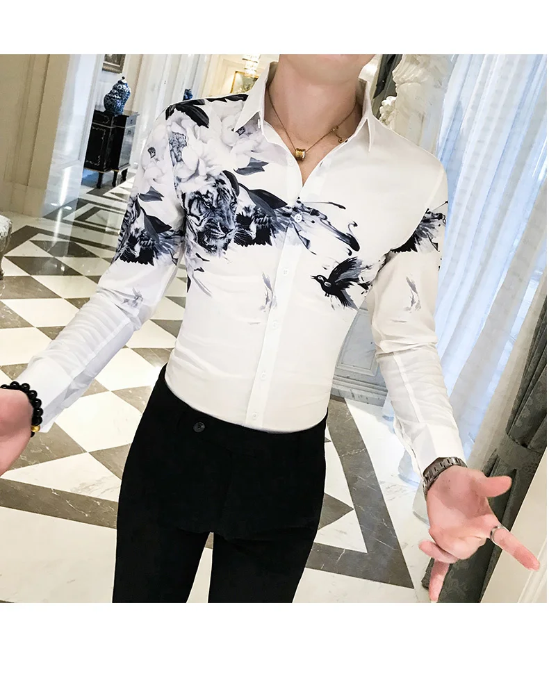 Китайский стиль мужской рубашки с длинным рукавом Slim Fit рубашки с модным принтом Повседневная рубашка мужская уличная одежда Женская