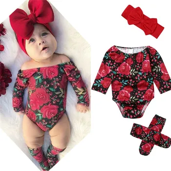 

Fashion Baby Girl Floral Clothes 3Pcs Sets Flowers Long Sleeve Shoulderless Romper Leg Warmers Headband Baby Girl Outfits 0-24M
