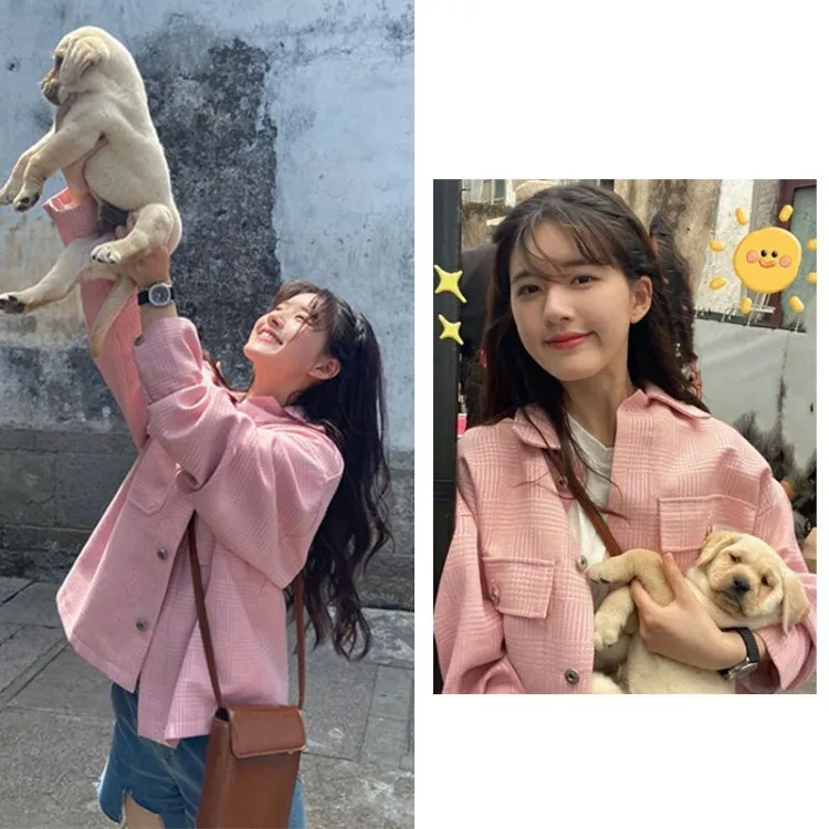 

Zhao Ruth Celebrity Style 2020 Autumn New Style Pink GIRL'S Short Loose Plaid Coat Large Pocket Women Fashion