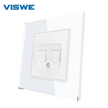 VISWE rj45 소켓, 화이트 크리스탈 유리 유럽 Cat6 더블 데이터 인터넷 컴퓨터 콘센트 장착 클로