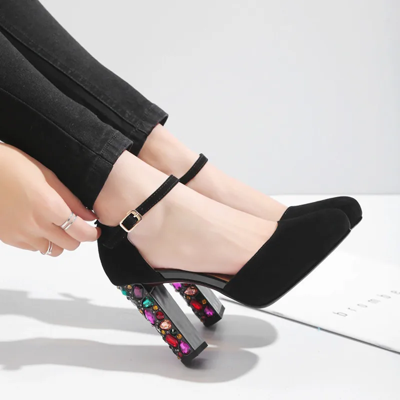 

YECHNE Women Green Sandals Plus Size 34 - 43 Genuine Leather Crystal High Heels Sandals Sexy Summer Sheepskin Pumps