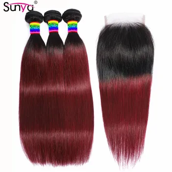 

Burgundy Straight Hair Bundles With Closure Remy Brazilian Human Hair Bundle With Lace Closure Sunya 1B/99J Ombre Hair Extension