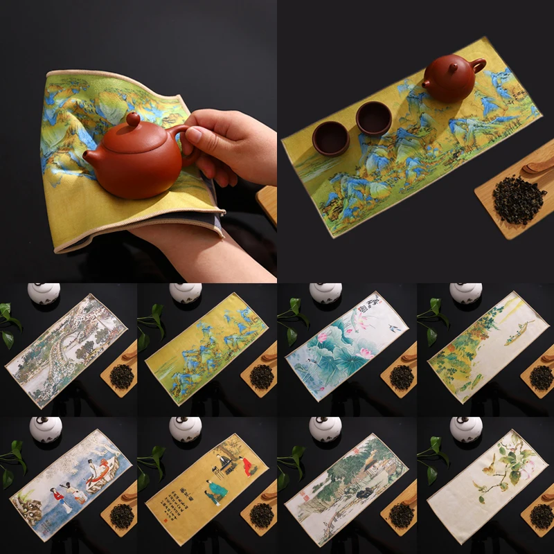 Chinese Painted Thick Tea Towel Super Absorbent Table Mats Suede Professional Rag Tea Mat Napkin High-end Tea Accessories