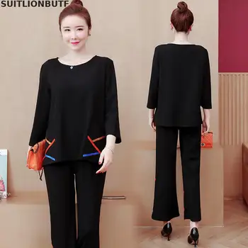 

L-5XL Plus Size 2 Piece Set Women Elegant Ladies Pullover Pockets Tops Elastic Waist Flares Pants Ropa Mujer OL Two Piece Set